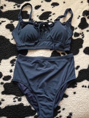 Amazon Navy Blue "Peacock Green" High Waist Ribbed Bikini Set